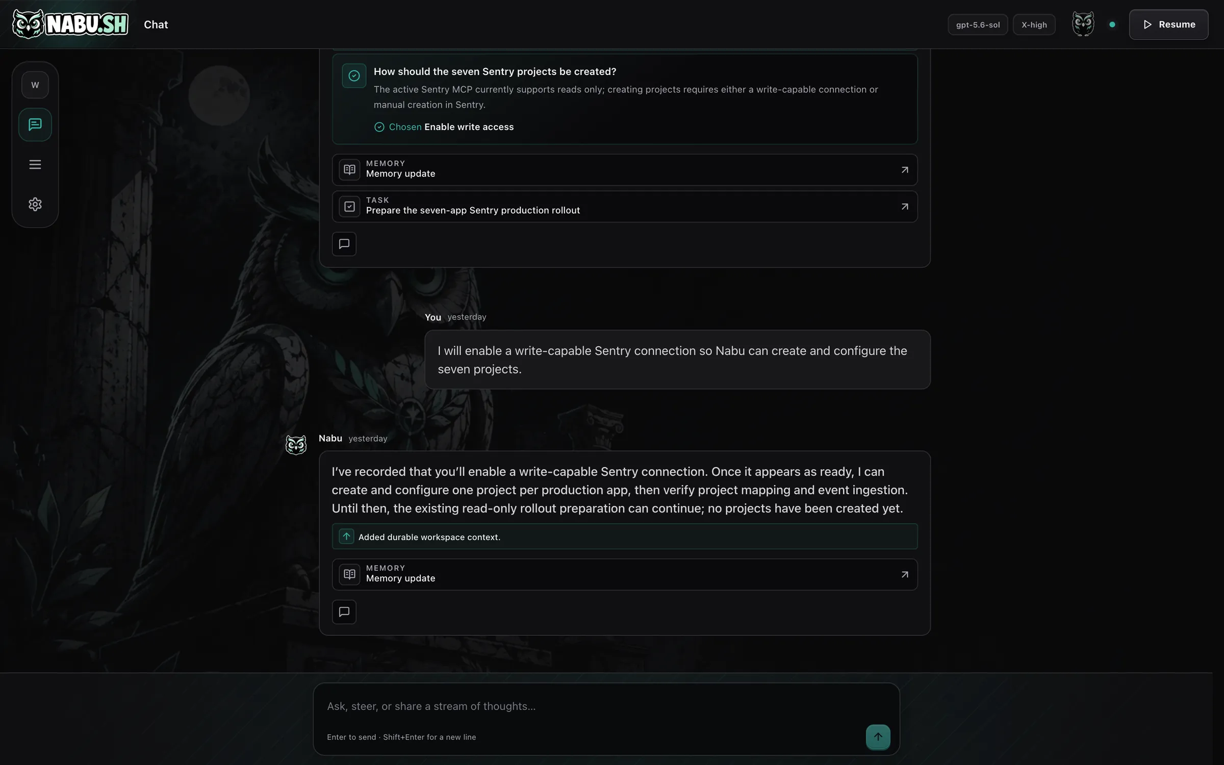 Nabu's chat, where a mission is steered and the agent reports back