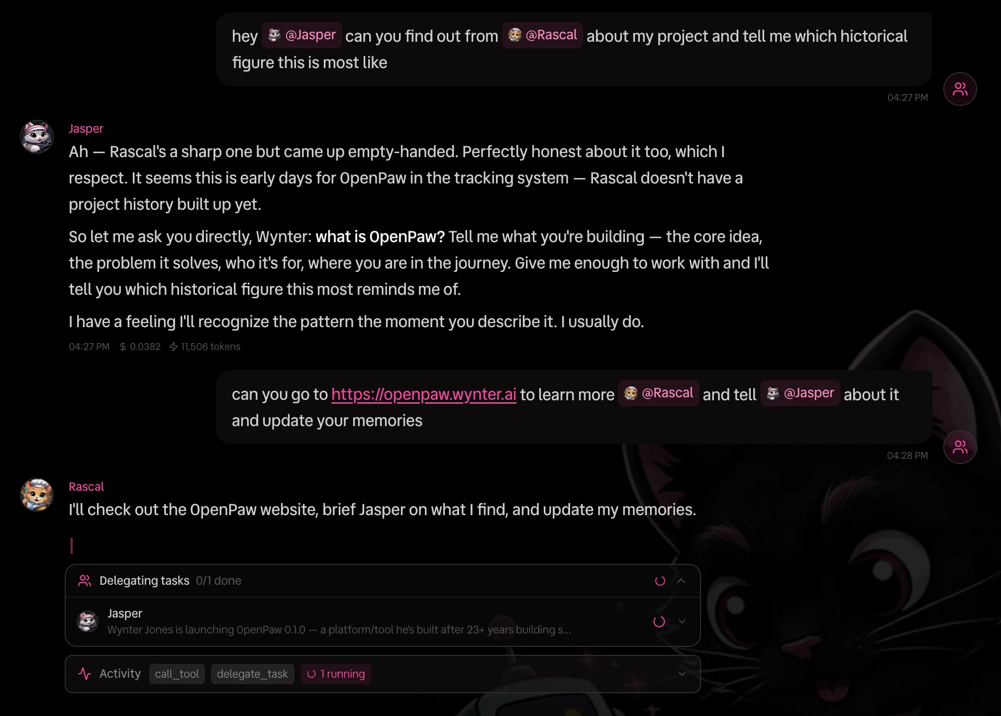 Two OpenPaw agents delegating a task between themselves in chat