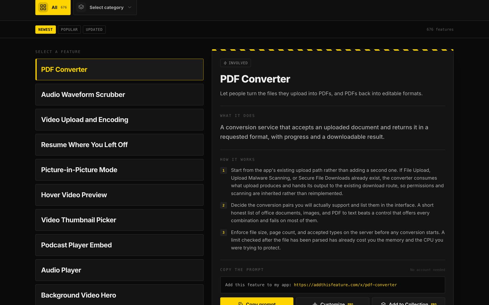 The AddThisFeature catalog: a list of features beside a detail panel with what-it-does and how-it-works notes.