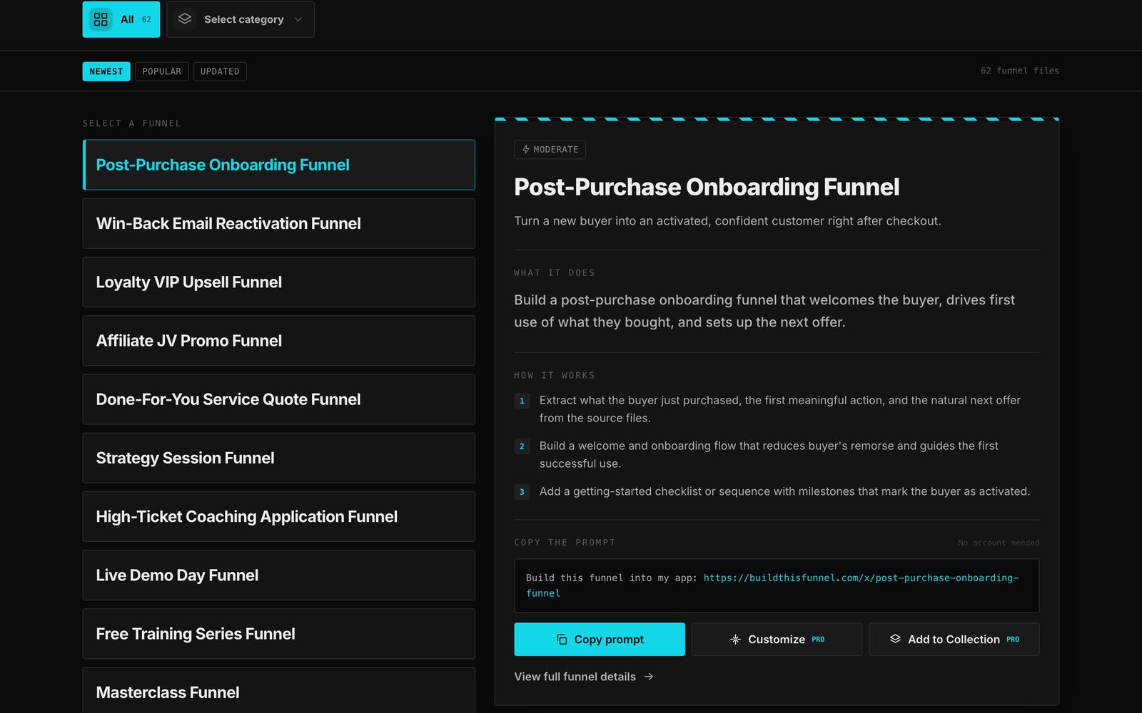 The BuildThisFunnel catalog: a list of funnel blueprints beside a detail panel with its copy-prompt block.