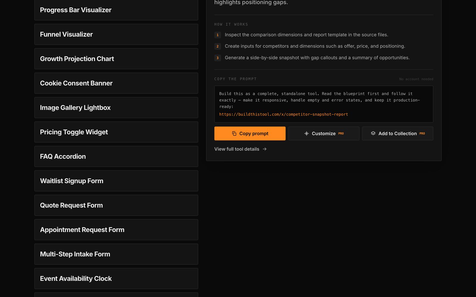 The BuildThisTool catalog: micro-tool ideas beside a detail panel with its build spec.